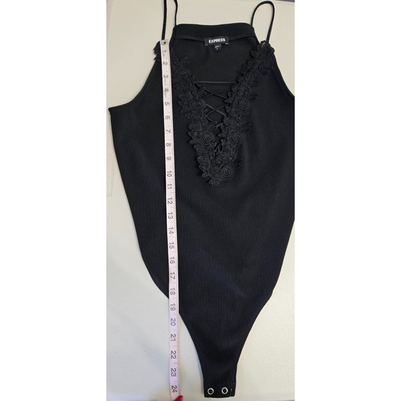 Vintage Y2K Express Bodysuit Medium Black Ribbed Lace Up Embroidered Dark Fairy - Picture 8 of 9